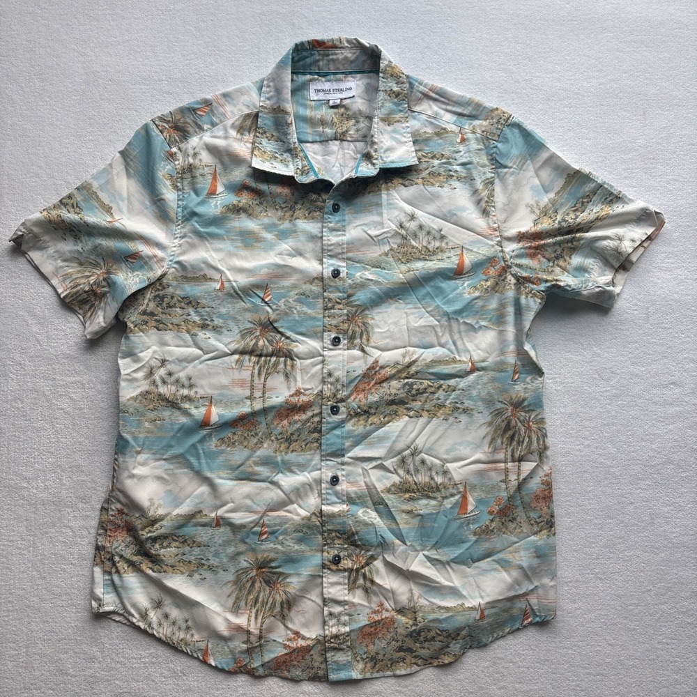Thomas Sterling Button Down Shirt Mens Large Blue Tropical Sailboat Short Sleeve